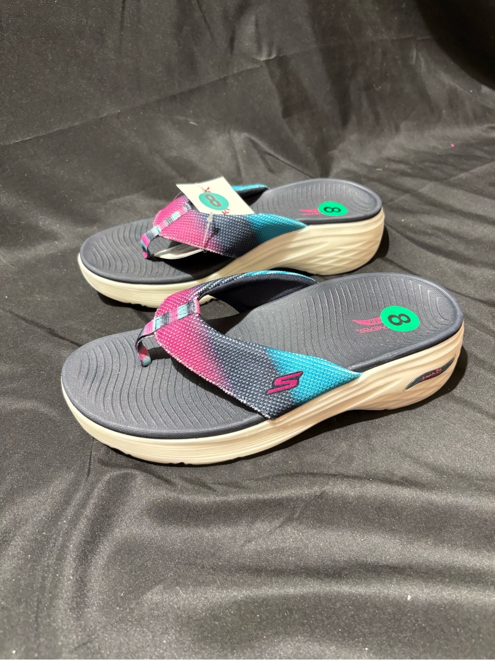 Skechers Women's Gray Flip-Flop Sandals with Pink and Teal Gradient Straps